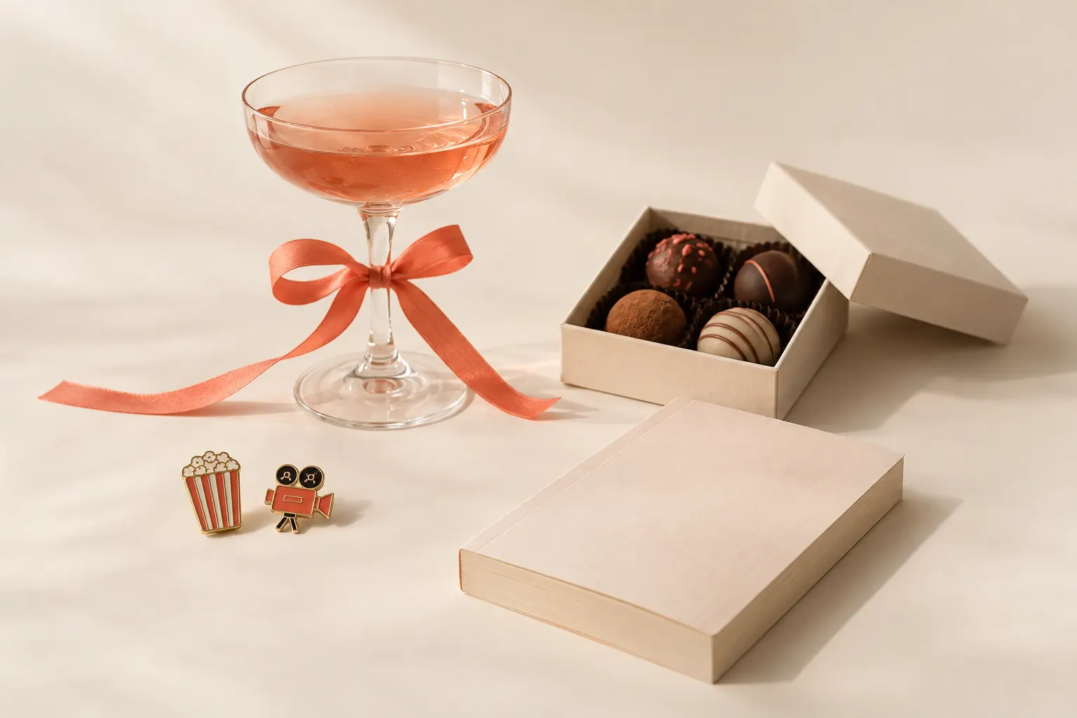 A simple flat illustration of two coffee cups, a small treat box, cards, and a tiny wrapped gift.