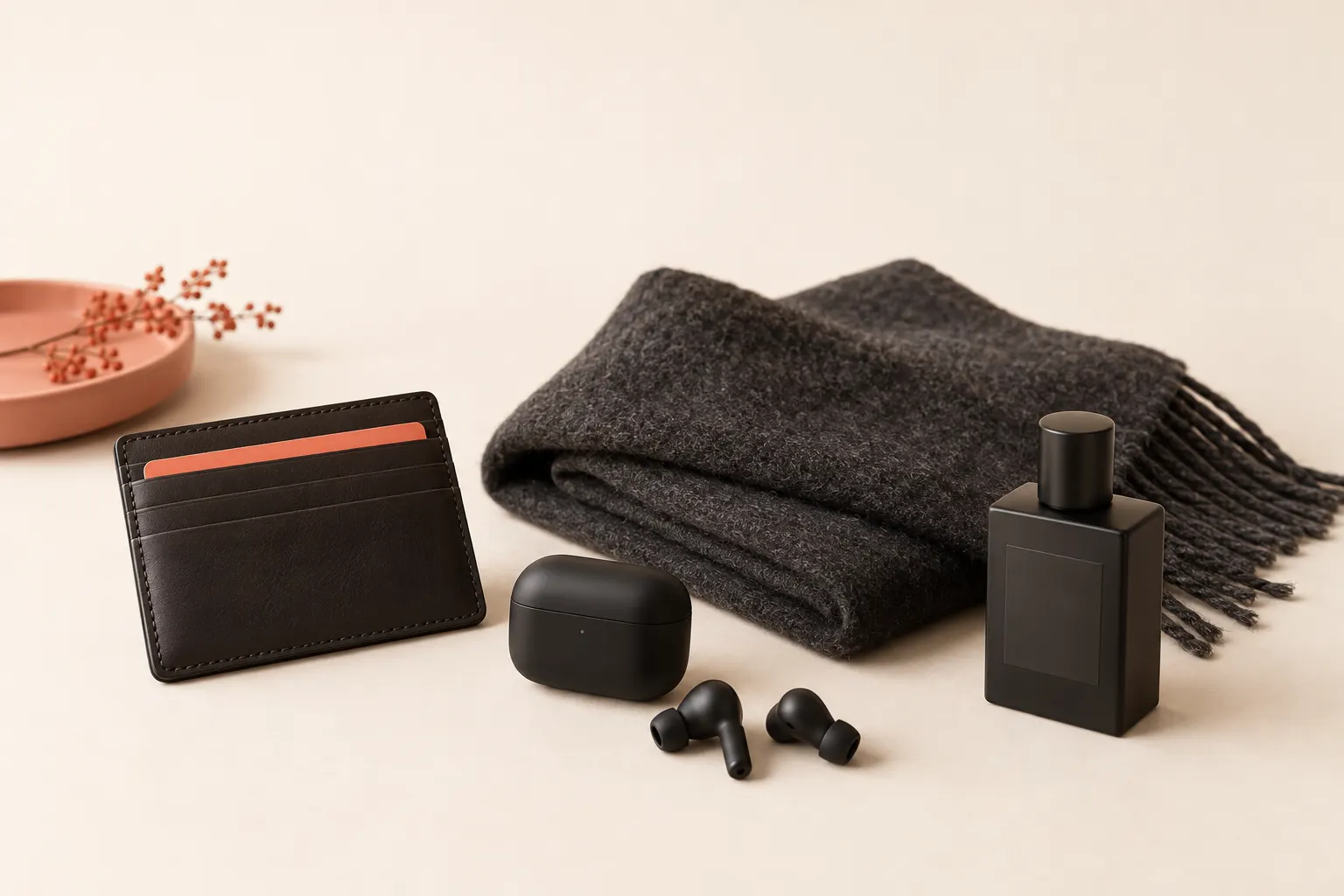 A simple flat illustration of a wrapped gift beside a mug, headphones, and a small framed photo.