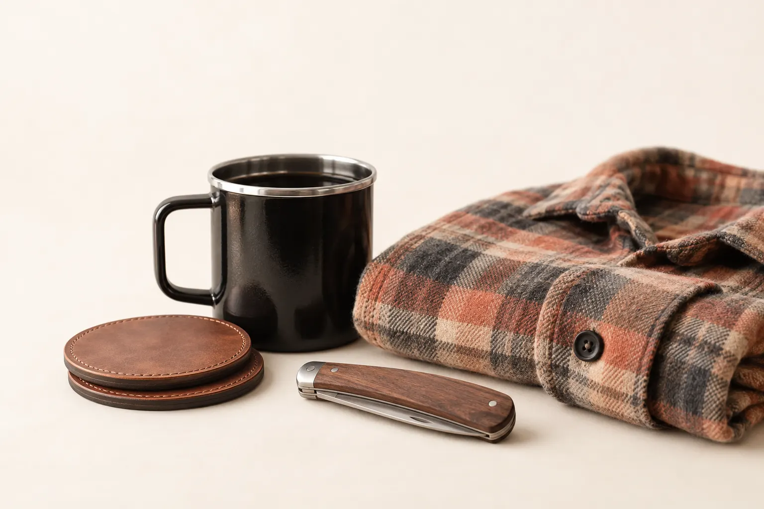 A simple flat illustration of gifts for a dad, with tools, headphones, a mug, and an open box.