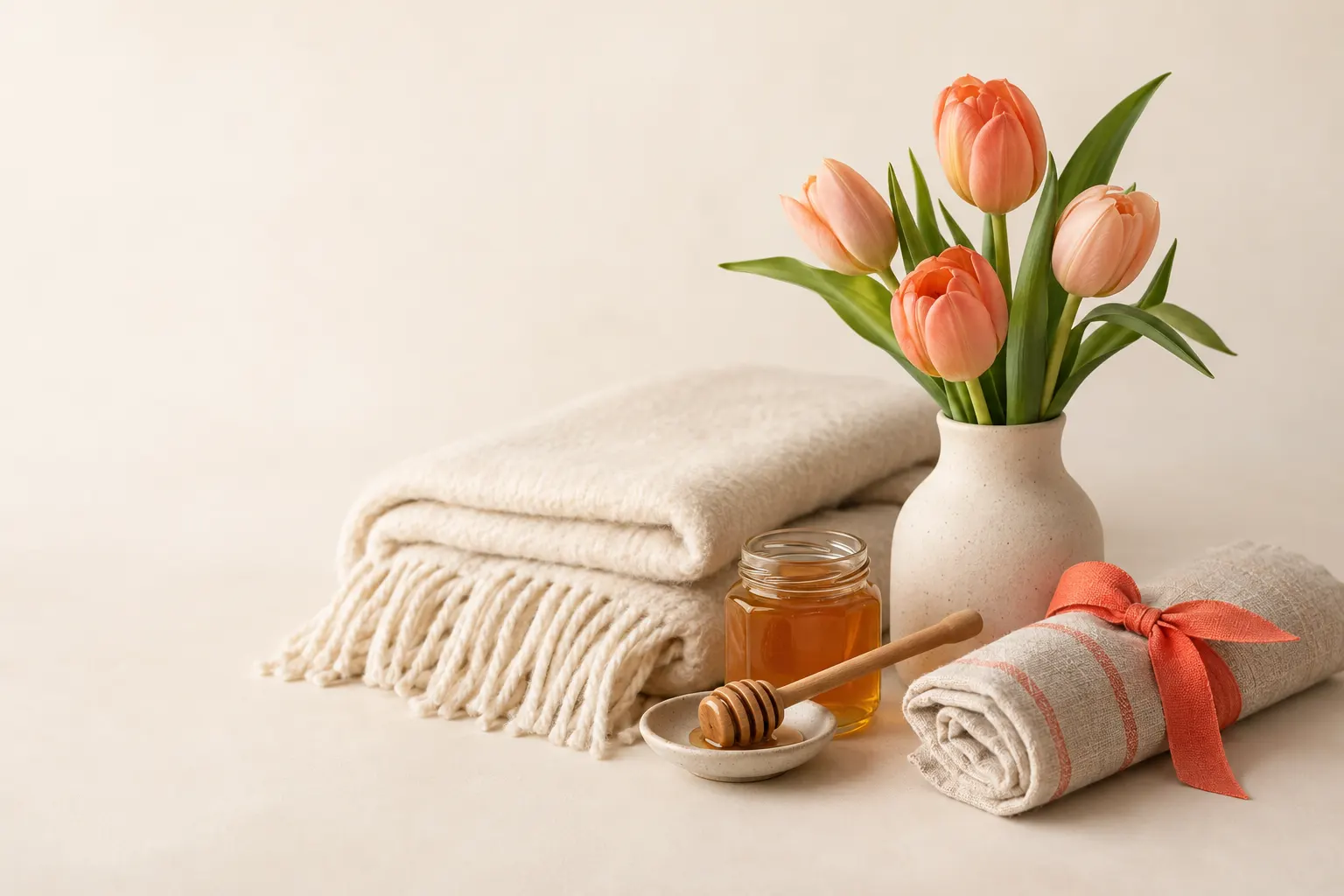 A simple flat illustration of a cozy gift table for a mom, with tea, flowers, and wrapped presents.