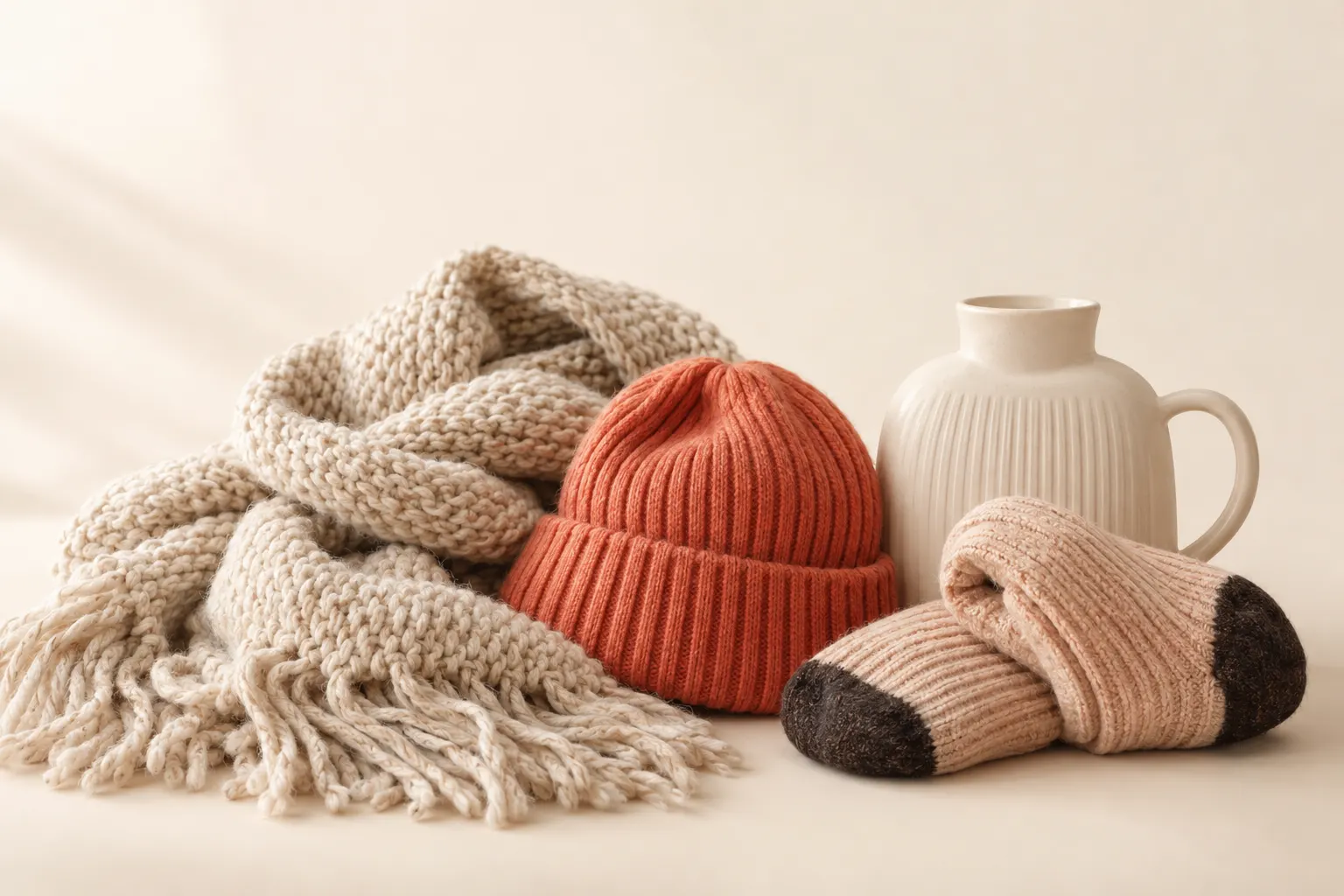 A simple flat illustration of a cozy chair with a blanket, slippers, a warm mug, and winter accessories.