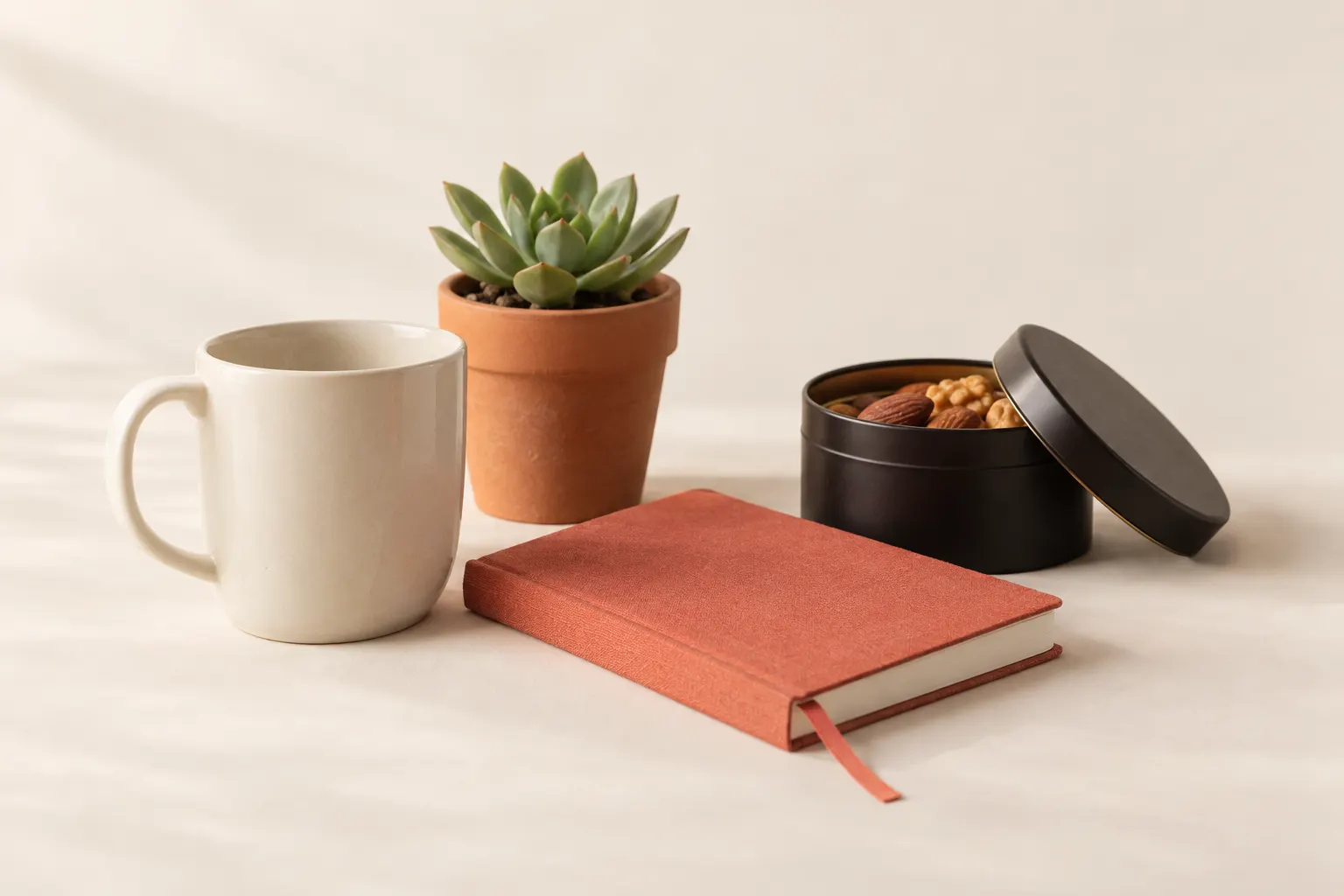 A simple flat illustration of small wrapped gifts, office mugs, and desk supplies on a work table.